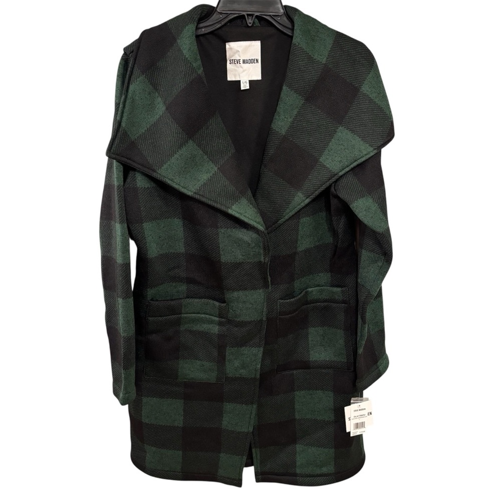 NWT Steve Madden Green & Black Plaid Fleece Waterfall Pea Coat Sz L